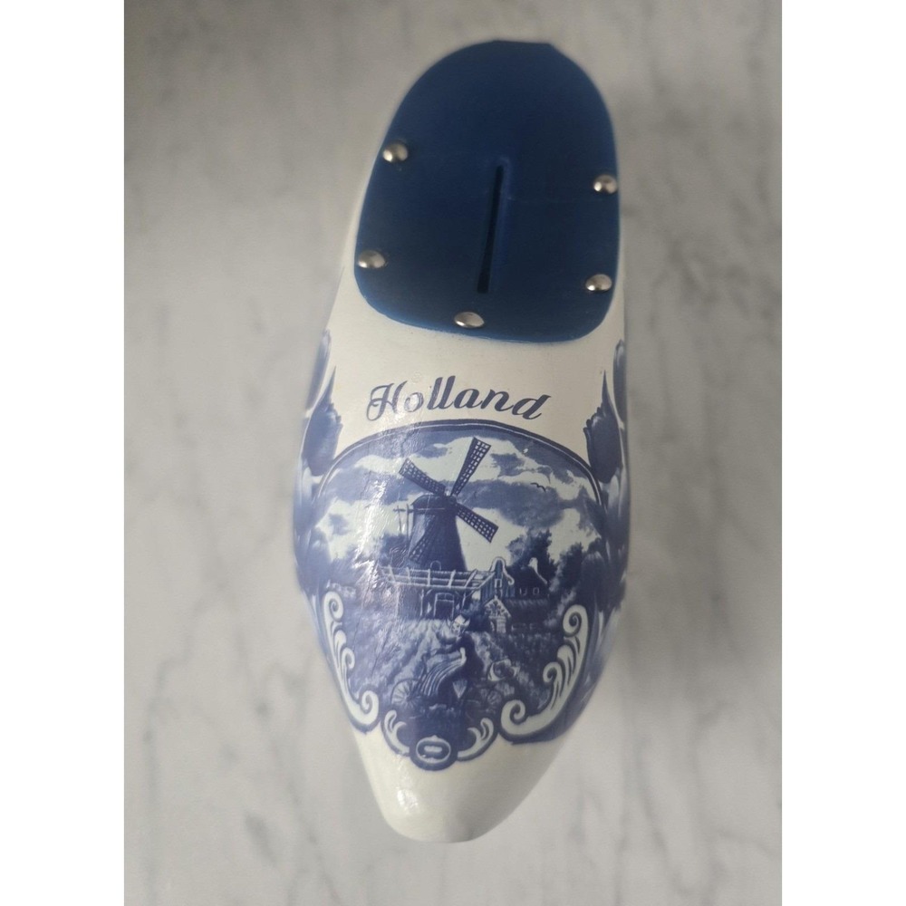 Delft Style Ceramic Clog Piggy Bank Holland Windmill Shoe Coin Box With Key